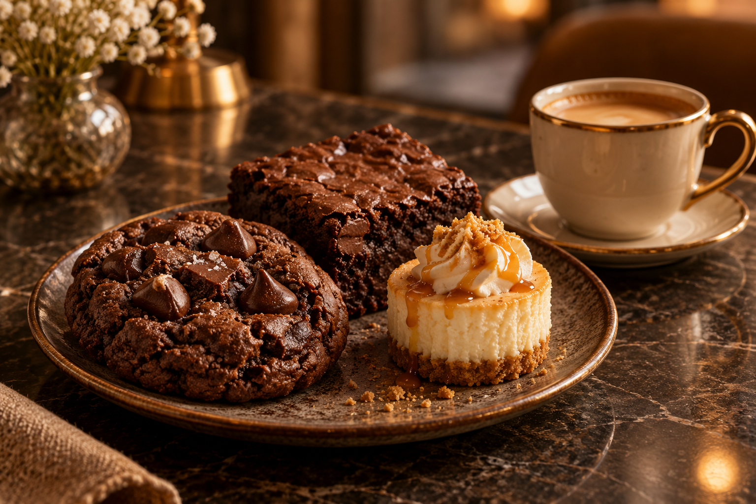 Chocolate cookie, brownie and coffee